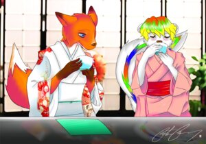 Rating: Safe Score: 0 Tags: anthro asian_clothing beverage blush canid canine clothing duo e621 east_asian_clothing female food fox hair japanese_clothing kimono male mammal mephitid multicolored_hair multicolored_tail nitzleplick rainbow_hair rainbow_tail skunk striped_skunk tail tea User: bunchy7s