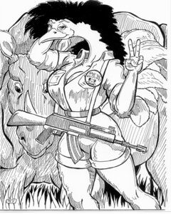 Rating: Safe Score: 0 Tags: 1997 accessory anthro assault_rifle avian big_breasts bird black_and_white bottomwear breasts clothing duo e621 english_text feathers female feral gesture grass greyscale gun hand_gesture long_neck looking_at_viewer mammal masai_ostrich monochrome oscar_marcus ostrich outside pen_(artwork) pin_accessory pin_button pinup plant pose ranged_weapon ranger ratite rhinoceros rifle savanna shorts text traditional_media_(artwork) v_sign weapon User: bunchy7s