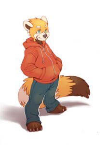 Rating: Safe Score: 0 Tags: 4_toes ailurid anthro barefoot biped bottomwear brown_body brown_fur claws clothed clothing dipstick_tail e621 feet fully_clothed fur green_eyes grey_nose hand_in_pocket hands_in_both_pockets hoodie jacket male mammal markings orange_body orange_fur orangetavi pants pockets red_panda simple_background smile solo standing tail tail_markings tavi toes topwear white_background User: bunchy7s