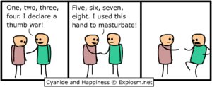 Rating: Questionable Score: 0 Tags: 3_panel_comic bald brown_clothing brown_dress clothing cyanide_and_happiness dialogue dress duo e621 english_text grandfathered_content green_clothing green_dress human humor low_res male mammal noseless not_furry rob_denbleyker simple_background tan_body tan_skin text white_background User: bunchy7s