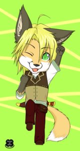 Rating: Safe Score: 0 Tags: anthro blonde_hair canid canine e621 fist fist_pump fox green_eyes hair japanese_text linus male mammal melee_weapon solo sword text tragedy-wolf weapon User: bunchy7s