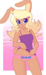 Rating: Safe Score: 0 Tags: absurd_res anthro blonde_hair blue_eyes clothed clothing corrupteddiscipline dezzy_(character) e621 english_text eyelashes female hair hi_res lagomorph leporid looking_at_viewer mammal navel panties rabbit solo text tongue underwear User: bunchy7s