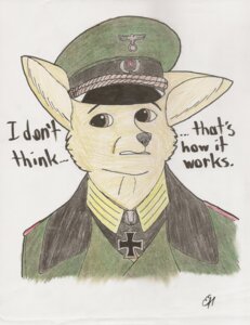 Rating: Safe Score: 0 Tags: absurd_res anthro army canid canine clothing confusion cross desert e621 erwin_rommel erwin_rommelish fennec_fox fox general_(rank) germany hat headgear headwear hi_res iron_cross male mammal medal military_medal military_uniform signature solo traditional_media_(artwork) true_fox uniform wehrmacht world_war_2 User: bunchy7s