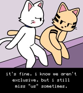 Rating: Safe Score: 0 Tags: anthro collar dialogue domestic_cat duo e621 english_text felid feline felis jeff_(pronista) male mammal pronista sam_(pronista) text User: bunchy7s