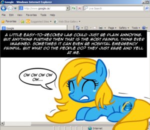 Rating: Safe Score: 0 Tags: blonde_hair blue_body blue_fur bodily_fluids crying cutie_mark e621 english_text equid equine female fur hair hasbro horse internet_explorer internet_explorer_(character) lying mammal microsoft my_little_pony pony solo tears text unknown_artist User: bunchy7s