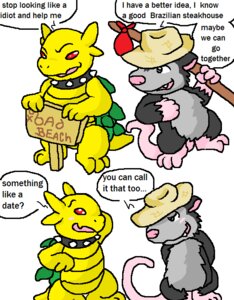 Rating: Safe Score: 0 Tags: american_opossum anthro bamga blush clothing collar comic dialogue duo e621 english_text fur gaius_(argon_vile) grey_body grey_fur guil_bunny_(artist) hat headgear headwear male mammal marsupial multiple_scenes red_eyes reptile scalie sign tail text turtle virginia_opossum wereturtle yellow_body User: bunchy7s