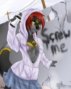 Rating: Questionable Score: 0 Tags: 4:5 anthro breasts canid canine clothed clothing e621 female fox graffiti graffiti_on_wall green_eyes hair hoodie jinavee kalikassy mammal one_eye_closed paint rebel red_hair skimpy solo spray_paint tail topwear vandalism User: bunchy7s