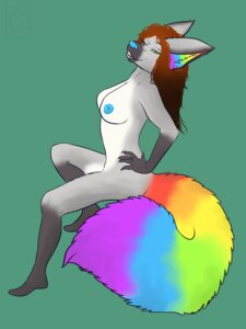 Rating: Questionable Score: 0 Tags: 3:4 anthro biped breasts brown_hair canid canine e621 female fennecfur hair hi_res ixxy kittentits mammal multicolored_ears multicolored_tail nipples nude piercing pinup pose rainbow rainbow_ears rainbow_tail sitting solo tail User: bunchy7s