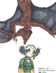 Rating: Safe Score: 0 Tags: 2003 alternative_fashion ambiguous_gender anthro bat black_eyes black_nose brown_body brown_fur chelsea_hair_cut chest_tuft clothed clothing collar coontail_hair dangling duo e621 eye_contact eye_scar facial_scar fangs female fur glamfur hair happy heterochromia jewelry leaf-nosed_bat lemur looking_at_another mammal marker_(artwork) marvel membrane_(anatomy) membranous_wings microbat multicolored_hair necklace nightcrawler nude open_mouth primate rainbow rainbow_hair realistic_wings scar short_hair simple_background smile spiked_collar spikes spots strepsirrhine teeth traditional_media_(artwork) tuft upside_down white_background white_body white_fur wings x-men yangochiropteran zeriara zeriara_(character) User: bunchy7s