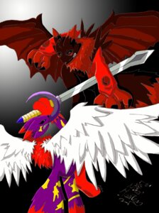 Rating: Safe Score: 0 Tags: alternate_color ambiguous_gender anthro bandai_namco battle black_sclera canid canine digimon digimon_(species) duo e621 fan_character feathered_wings feathers hi_res holding_melee_weapon holding_object holding_sword holding_weapon liontaro mammal melee_weapon membrane_(anatomy) membranous_wings renamon sword tail weapon wings User: bunchy7s