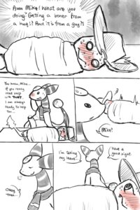 Rating: Questionable Score: 0 Tags: 2012 2:3 ampharos anthro bed bedding blanket blush charmander clothed clothing comic dialogue digital_drawing_(artwork) digital_media_(artwork) duo e621 embarrassed english_text fire flaming_tail fresnel_(buyobutt) furniture generation_1_pokemon generation_2_pokemon hat haychel headgear headwear hi_res male mike_the_charmander monochrome nintendo pmd-explorers pokemon pokemon_(species) scarf size_difference smile tail text User: bunchy7s