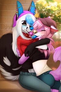 Rating: Safe Score: 0 Tags: 2014 2:3 accessory anthro blue_eyes blush breasts canid canine canis clothing digital_media_(artwork) duo e621 female female/female fur hair hat headgear headwear hug lgbt_pride long_hair looking_at_viewer mammal one_eye_closed pansexual_pride_colors piercing pink_body pink_fur pink_hair pride_color_accessory pride_color_piercing pride_colors roxy_bradingham selena_shadowpaw wink wolf wolflady yellow_eyes User: bunchy7s