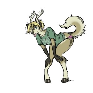 Rating: Safe Score: 0 Tags: 1:1 anthro antlers bent_over blonde_hair blue_eyes canid canine canis clothing deer e621 english_text female floebean hair hi_res hooves horn hybrid kaia_(truekaia) mammal panties shirt simple_background solo tail text tongue topwear underwear white_background wolf User: bunchy7s
