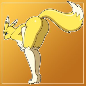 Rating: Questionable Score: 0 Tags: anthro bandai_namco biped black_sclera blackangel014 blue_eyes breasts butt canid canine digimon digimon_(species) dipstick_tail e621 facial_markings female fur head_markings hi_res looking_at_viewer looking_back mammal markings presenting presenting_hindquarters renamon simple_background smile solo standing tail tail_markings yellow_body yellow_fur User: bunchy7s