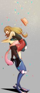 Rating: Safe Score: 0 Tags: ambiguous_gender amphibian anthro bottomwear carrying_another clothed clothing confetti duo e621 female fully_clothed generation_6_pokemon greninja hat headgear headwear hi_res human mammal nintendo pokemon pokemon_(species) pokemon_trainer serena_(pokemon) skirt tobidaizu_(pixiv) tongue tongue_out User: bunchy7s