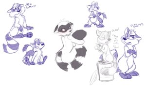 Rating: Questionable Score: 0 Tags: 5:3 ambiguous_gender anthro dawkz dialogue digital_media_(artwork) e621 english_text goldenrod_(artist) group mammal procyonid raccoon sketch solo_focus tail text User: bunchy7s
