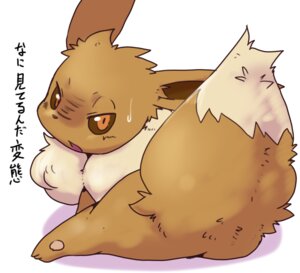 Rating: Questionable Score: 0 Tags: ambiguous_gender blush bodily_fluids butt canid canine dagasi dialogue digital_media_(artwork) e621 eevee feral fluffy frown generation_1_pokemon insult insulting_viewer japanese_text looking_at_viewer looking_back mammal nintendo pokemon pokemon_(species) sassy simple_background solo sweat sweatdrop talking_to_viewer text translated white_background User: bunchy7s