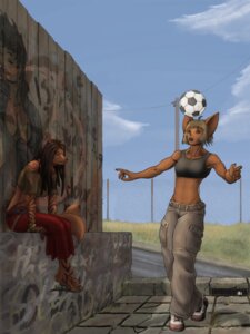 Rating: Safe Score: 0 Tags: anthro ball bat belt bottomwear canid canine clothing detailed detailed_background dreadlocks duo e621 female fox mammal markings midriff multi_tail pants sitting slice_of_life soccer soccer_ball sport tail zekit User: bunchy7s