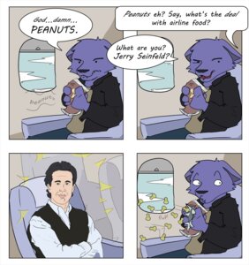 Rating: Safe Score: 0 Tags: aircraft airplane anthro black_hair canid canine canis clothed clothing comic crossed_arms dialogue duo e621 english_text fen_(character) food fruit fur green_eyes hair human humor inside_airplane jerry_seinfeld joke legume male mammal nut_(fruit) peanut_(food) phenris plant purple_body purple_fur seinfeld text topwear vehicle vest window wolf User: bunchy7s