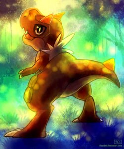 Rating: Safe Score: 0 Tags: ambiguous_gender black_eyes brown_body digital_media_(artwork) dinosaur e621 feral fossil_pokemon generation_6_pokemon grass haychel looking_at_viewer nintendo plant pokemon pokemon_(species) prehistoric_species reptile saurischian scalie solo tail text theropod tyrunt url User: bunchy7s