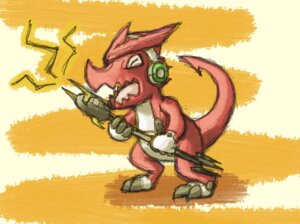 Rating: Safe Score: 0 Tags: bandai_namco claws digimon digimon_(species) e621 electronics eyes_closed h_s headphones male microphone open_mouth orange_background red_body reptile scalie shoutmon simple_background singing solo tail warm_colors User: bunchy7s