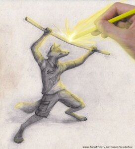 Rating: Safe Score: 0 Tags: anthro canid canine clothed clothing digitigrade disembodied_hand duo e621 fight fox male mammal melee_weapon nixdafox pencil_(object) polearm tail text url weapon User: bunchy7s