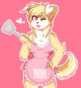 Rating: Questionable Score: 0 Tags: anthro apron biped black_nose blonde_hair breasts canid canine canis clothed clothing domestic_dog e621 fangs female fluffy fluffy_tail fur hair hairy heart_symbol kitchen looking_at_viewer mammal one_eye_closed open_mouth pink_background red_eyes simple_background slim smile solo standing tail teeth tongue turntechno white_body white_fur wink yellow_body yellow_fur User: bunchy7s