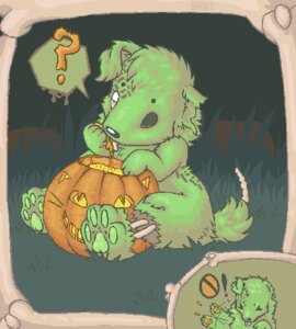 Rating: Safe Score: 0 Tags: ambiguous_gender anthro bone canid canine chibi e621 eating exclamation_point food fruit fur green_body green_fur hush-a-bye jack-o'-lantern low_res mammal missing_eye plant pumpkin question_mark roadkill solo speech_bubble undead zombie User: bunchy7s