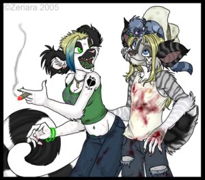 Rating: Questionable Score: 0 Tags: 2005 anthro black_border blood blue_eyes bodily_fluids border bottomwear chelsea_hair_cut cigar clothed clothing duo e621 felid feline female glamfur green_eyes grimmorph_(character) lemur lynx male mammal marium pants primate procyonid raccoon ring-tailed_lemur shirt smoking strepsirrhine tail tank_top tongue topwear zeriara zeriara_(character) User: bunchy7s