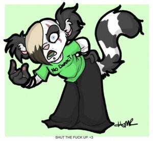 Rating: Safe Score: 0 Tags: 4_fingers abstract_background alternative_fashion angry annoyed anthro bent_over biped black_markings blue_eyes bracelet brown_hair clothed clothing e621 eye_scar facial_piercing facial_scar female fingers fur glamfur hair hair_over_eye heart_symbol humanoid_hands jewelry lemur lip_piercing looking_at_viewer low_res mammal markings one_eye_obstructed open_mouth piercing primate ring-tailed_lemur ring_(marking) ringed_tail round_ears scar shirt short_hair signature simple_background solo standing strepsirrhine striped_markings striped_tail stripes tail tail_markings toony topwear white_body white_fur zeriara zeriara_(character) User: bunchy7s