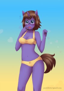 Rating: Safe Score: 0 Tags: 2012 bikini breasts brown_hair cleavage clothed clothing e621 equid equine eyewear female glasses hair horn looking_at_viewer mammal mythological_creature mythological_equine mythology navel pastelletta purple_body purple_skin short_hair solo standing surprised swimwear two-piece_swimsuit unicorn User: bunchy7s
