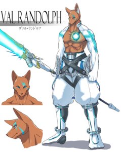 Rating: Safe Score: 0 Tags: 68_(artist) abs anthro armor athletic belt biceps biped blue_eyes bottomwear brown_body brown_fur brown_nose canid canine canis clothed clothing domestic_dog e621 energy_glaive fur glaive glowing looking_at_viewer male mammal melee_weapon muscular muscular_anthro pants pecs polearm pose simple_background solo standing text topless val_randolph weapon white_background User: bunchy7s