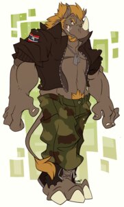 Rating: Safe Score: 0 Tags: 3_toes 4_fingers anthro beard big_muscles biped blonde_hair bottomwear brown_body brown_skin camo camo_print claws clothed clothing dog_tags e621 facial_hair feet fingers footwear hair horn jacket kuma male mammal muscular muscular_anthro muscular_male nails open_clothing open_jacket open_topwear pants partially_clothed pubes rhinoceros solo standing tail tail_tuft toes toony topwear torn_clothing torn_footwear tuft xan_(venicethehedgehog) User: bunchy7s