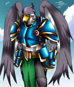Rating: Safe Score: 0 Tags: 2011 anthro armor avian beak bird cloud e621 feathered_wings feathers gold_(metal) green_eyes ikari_marthsums japanese_description kemono male metal outside sky solo some_anger wings いくつかのイカリ User: bunchy7s