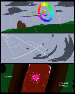 Rating: Safe Score: 0 Tags: 2012 coffin comic dialogue digital_media_(artwork) e621 english_text hasbro metal_(artist) my_little_pony nature outside rainbow raining sonic_rainboom text zero_pictured User: bunchy7s