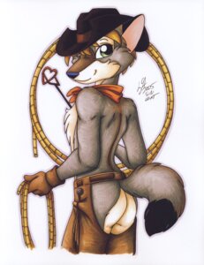Rating: Safe Score: 0 Tags: 2005 absurd_res anthro biped black_body black_ears black_fur black_tail blue_nose bottomwear brand branding branding_iron brown_bottomwear brown_chaps brown_clothing brown_cowboy_hat brown_hat brown_headwear butt canid canine canis chaps chest_tuft clothed clothing cowboy cowboy_hat coyote dipstick_ears dipstick_tail e621 ear_markings fur gloves green_eyes grey_body grey_ears grey_fur grey_tail half-length_portrait handwear hat headgear headwear heart_symbol hi_res holding_object holding_rope kerchief lasso looking_at_viewer looking_back male mammal markings michele_light multicolored_body multicolored_ears multicolored_fur multicolored_tail neckerchief neckwear orange_clothing orange_kerchief orange_neckerchief portrait pose rear_view rope signature simple_background smile snout solo standing tail tail_markings topless traditional_media_(artwork) tuft two_tone_ears two_tone_tail western white_background white_body white_fur wild_west year User: bunchy7s