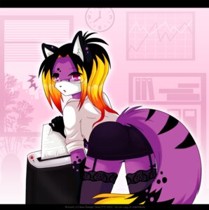 Rating: Questionable Score: 0 Tags: akemi_(luna777) anthro bent_over bottomwear butt clothed clothing e621 eyewear female fur glasses hair legwear looking_at_viewer looking_back luna777 multicolored_hair pink_eyes purple_body purple_fur skirt solo stockings tail User: bunchy7s