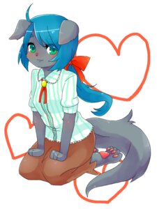 Rating: Safe Score: 0 Tags: 3:4 anthro biped blue_hair bottomwear canid canine clothed clothing e621 feet female green_eyes hair heart_symbol hindpaw kemono kneeling long_hair looking_at_viewer mammal pants pawpads paws powderkona ribbons shirt solo tail topwear User: bunchy7s