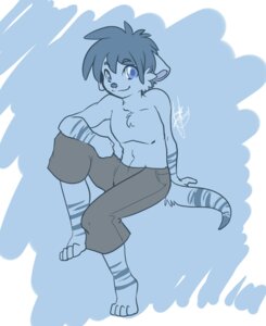 Rating: Safe Score: 0 Tags: anthro blue_eyes blue_hair clothed clothing cyn. digital_media_(artwork) e621 felid hair male mammal skimpy solo tail tefal toastotter User: bunchy7s