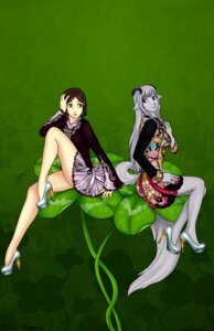 Rating: Safe Score: 0 Tags: 2014 anthro brown_hair ceri clothing clover_(plant) clover_leaf colored_nails dress duo e621 eliana-asato female footwear four_leaf_clover fur green_background green_eyes grey_body grey_fur grey_hair hair hi_res high_heels horn human lace leaf long_hair long_tail mammal nails plant platform_footwear platform_heels purple_eyes purple_nails red_nails shoes short_hair simple_background sitting tail tinsel yana_(jwp) User: bunchy7s