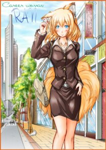 Rating: Safe Score: 0 Tags: animal_humanoid bag blonde_hair blue_eyes blush border bottomwear canid canid_humanoid canine canine_humanoid city clothed clothing colored_nails e621 female formal fox fox_humanoid fully_clothed hair hi_res humanoid jewelry kemu_inu mammal mammal_humanoid multi_tail nails necklace orange_border ran_yakumo short_hair skirt smile solo standing suit tail touhou User: bunchy7s