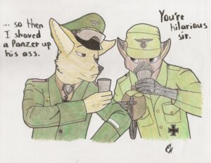 Rating: Safe Score: 0 Tags: absurd_res anthro army canid canine clothed clothing container cup duo e621 erwin_rommel erwin_rommelish fennec_fox fox general_(rank) germany hat headgear headwear hi_res holding_container holding_cup holding_object male mammal medal military simple_background soldier true_fox warrior white_background world_war_2 User: bunchy7s