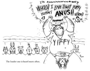 Rating: Questionable Score: 0 Tags: bestiality black_and_white conditional_dnp crowd dialogue e621 english_text feral group heart_symbol human human_on_feral humor interspecies loupgarou male male_human male_on_feral mammal monochrome obese overweight overweight_human overweight_male pen_(artwork) text the_truth traditional_media_(artwork) yelling User: bunchy7s