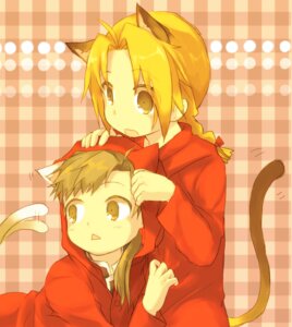 Rating: Safe Score: 0 Tags: 4_ears 5_fingers accessory alphonse_elric alternate_species animal_humanoid bow_(feature) bow_accessory bow_ribbon braided_hair brown_body brown_eyes brown_fur brown_hair cat_humanoid cat_tail checkered checkered_background clothed clothing coat dipstick_tail duo e621 edward_elric felid felid_humanoid feline feline_humanoid fingers fullmetal_alchemist fur hair hair_accessory hair_bow hair_ribbon hand_on_head hood human_and_animal_ears humanoid humanoid_hands k_z looking_aside male mammal mammal_humanoid markings motion_lines multi_ear multicolored_tail open_mouth pattern_background raised_tail ribbons simple_background tail tail_markings tail_motion tailwag tan_body tan_skin toony topwear white_body white_fur young User: bunchy7s