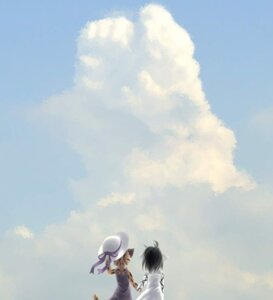 Rating: Safe Score: 0 Tags: clothing cloud detailed_background domestic_cat duo e621 felid feline felis female hat headgear headwear koishi_chikasa mammal outside sky skyscape User: bunchy7s