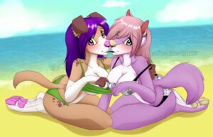Rating: Questionable Score: 0 Tags: 2014 anthro assisted_exposure beach bikini blue_eyes blush breasts canid canine canis clothed clothing cloud detailed_background digital_media_(artwork) domestic_dog duo e621 female female/female fur hair long_hair looking_at_viewer mammal off_shoulder outside pink_hair purple_body purple_fur roxy_bradingham sand seaside sky sussan swimwear two-piece_swimsuit wolf wolflady User: bunchy7s