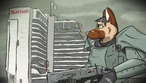 Rating: Safe Score: 0 Tags: anthro armor badge black_hair brown_body brown_fur canid canine canis destroyed_building domestic_dog e621 english_text fallout flag fur german_shepherd green_eyes gun hair herding_dog hotel machine male mammal marriott_international microsoft modern_architecture outside pastoral_dog power_armor quix_(artist) ranged_weapon ruined_building ruins sky solo tan_body tan_fur text urban weapon white_body white_fur User: bunchy7s