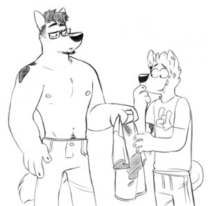 Rating: Safe Score: 0 Tags: anthro black_and_white canid canine canis clothed clothing domestic_dog duo e621 ear_piercing eyewear glasses male mammal monochrome nipples piercing shiba_inu spitz topless vasuki User: bunchy7s