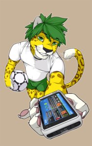 Rating: Safe Score: 0 Tags: 2010 anthro ball biped cellphone clothed clothing digital_media_(artwork) e621 electronics felid fifa green_eyes green_hair hair holding_ball holding_object leopard leopard_spots looking_at_viewer male mammal mascot pantherine paws phone pose product_placement short_hair simple_background smartphone smile soccer soccer_ball solo south_africa sport spots standing tail whiskers wolfy-nail world_cup zakumi User: bunchy7s