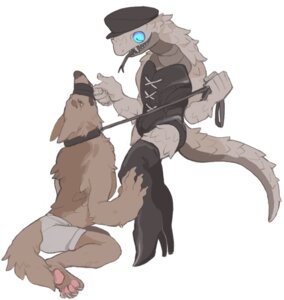 Rating: Questionable Score: 0 Tags: anthro bdsm black_nose blue_eyes bondage bound brown_body brown_fur canid canine canis clothed clothing corset duo e621 female fur lingerie lizard male mammal reptile scalie simple_background tail topless topwear white_background wolf yolk_(artist) User: bunchy7s